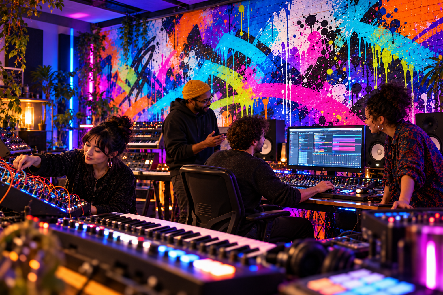 Artists making electronic music beneath a vivid graffiti-inspired mural in a production studio