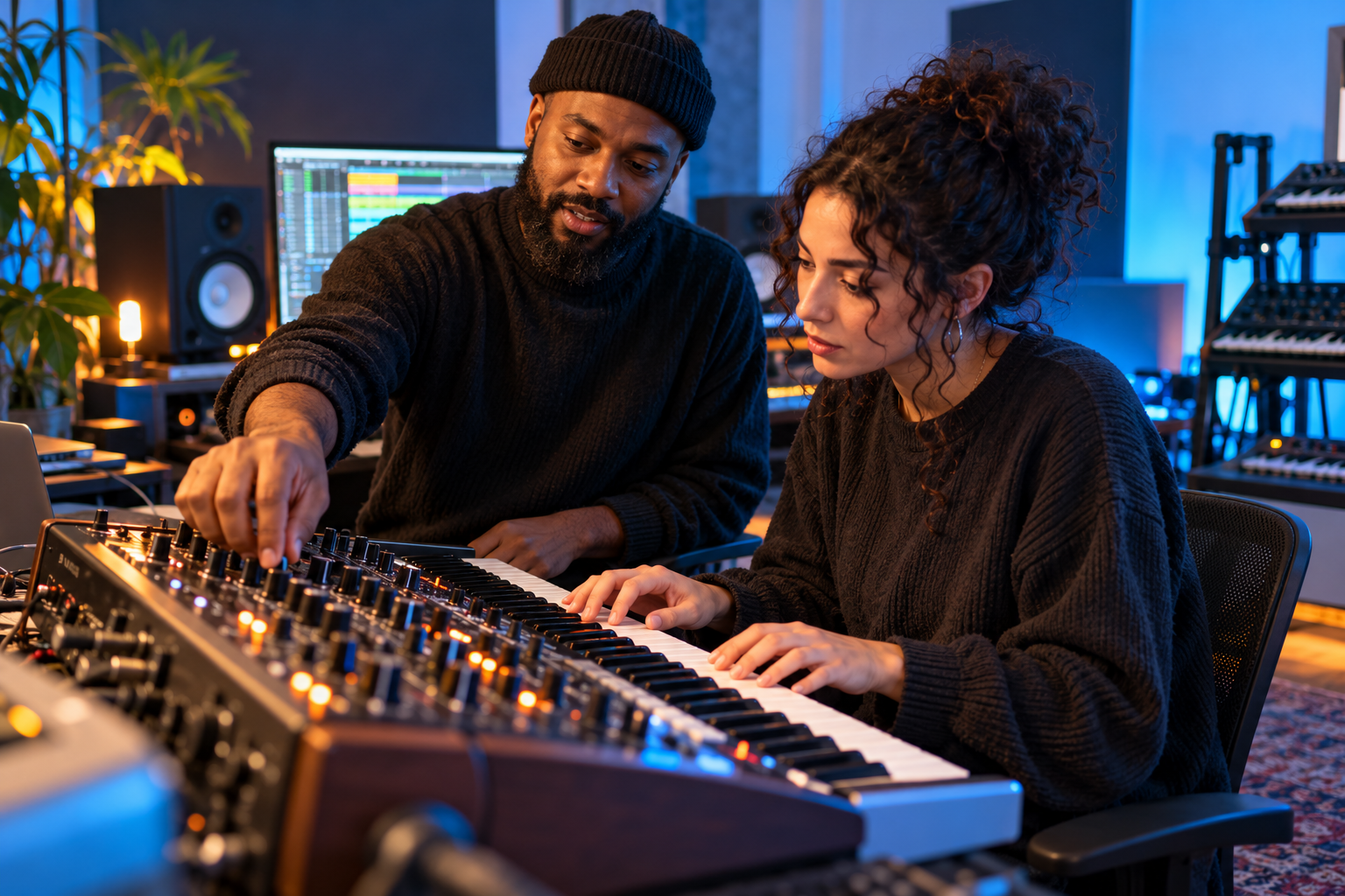 A mentor teaching a learner to use an electronic keyboard and synthesizer