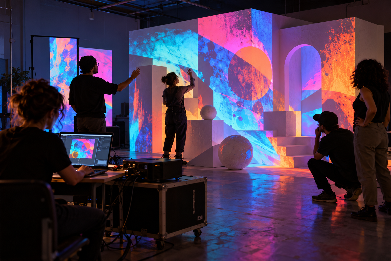 Artists testing colorful projection-mapped visuals on sculptural surfaces