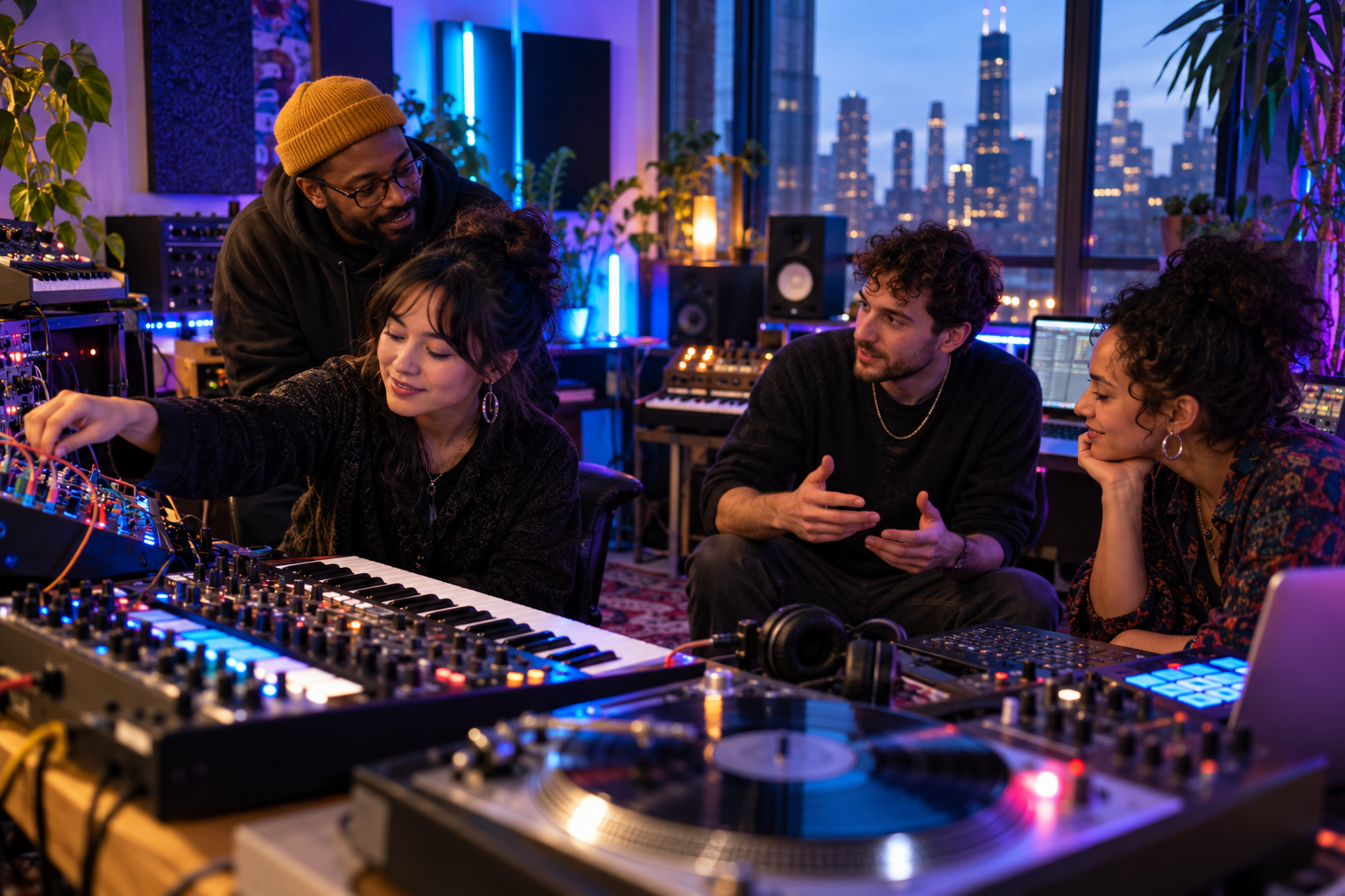 A group of artists collaborating around synthesizers in a music production studio